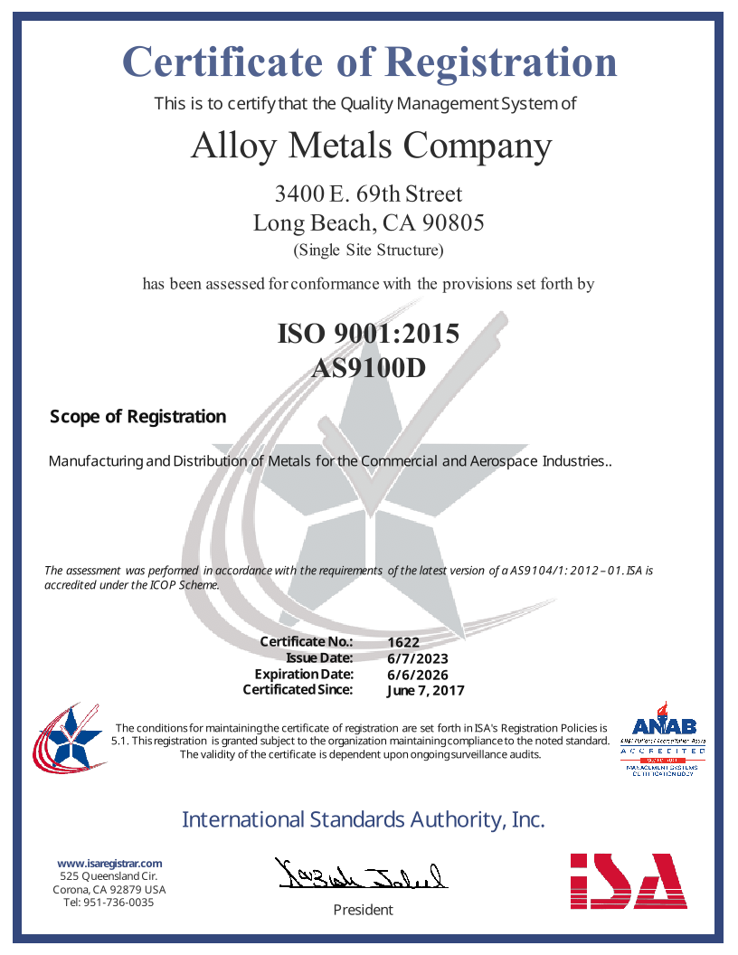 Alloy Metals Company ISO Cert Image